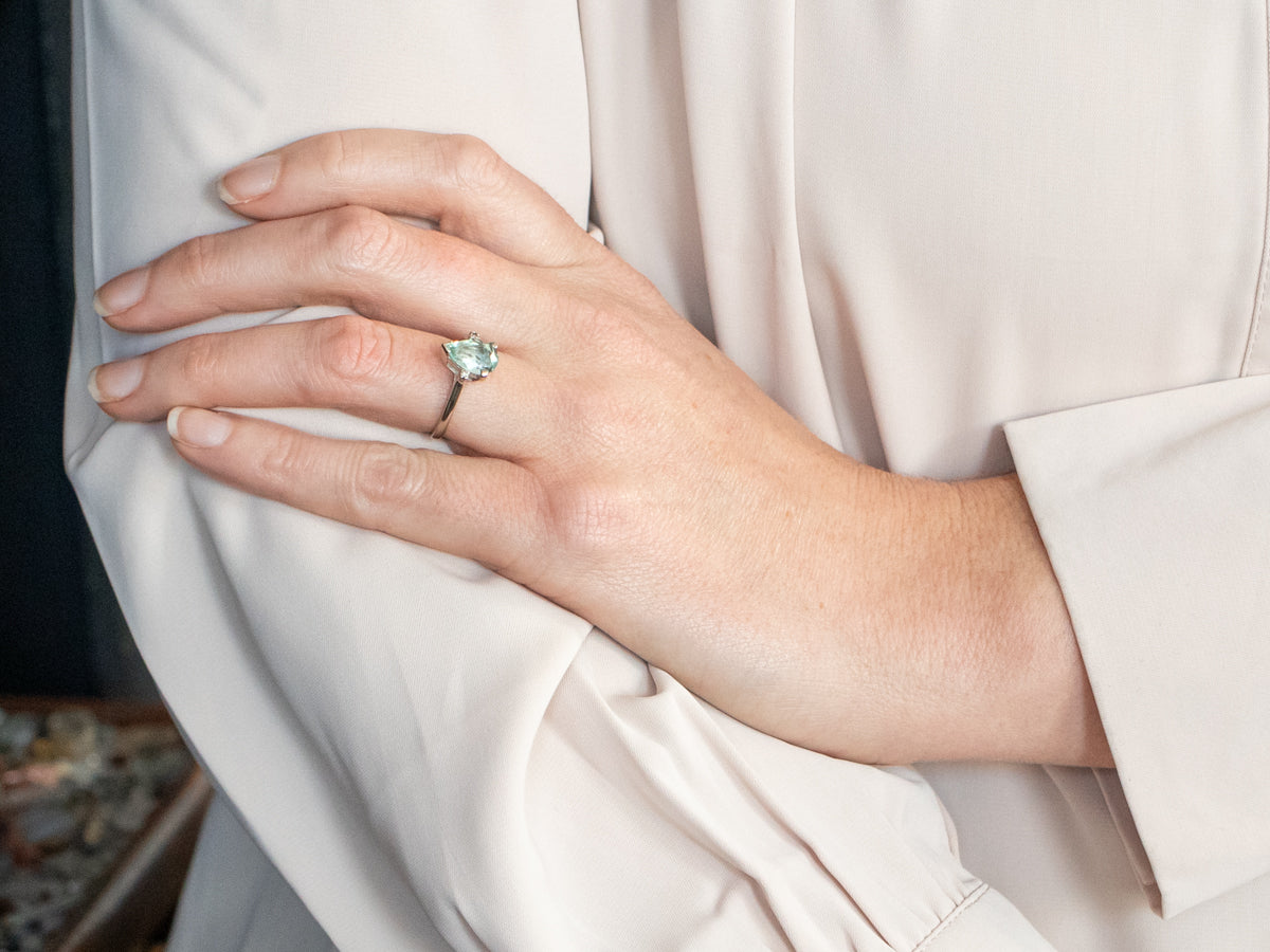 White Gold Pear Cut Beryl Ring with Diamond Accents