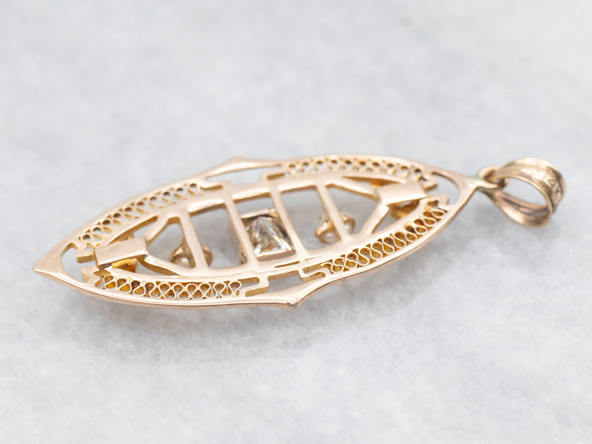 Princess Cut Diamond and Seed Pearl Filigree Pendant