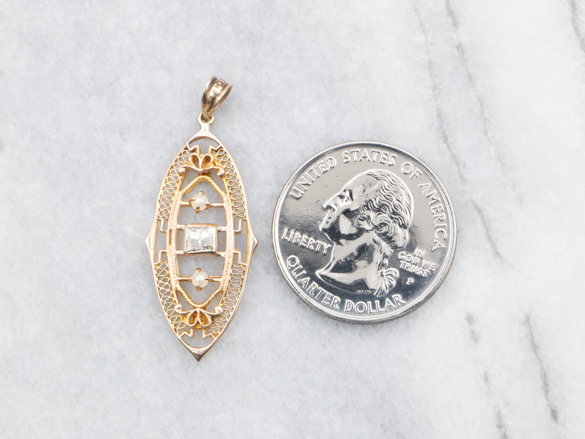 Princess Cut Diamond and Seed Pearl Filigree Pendant