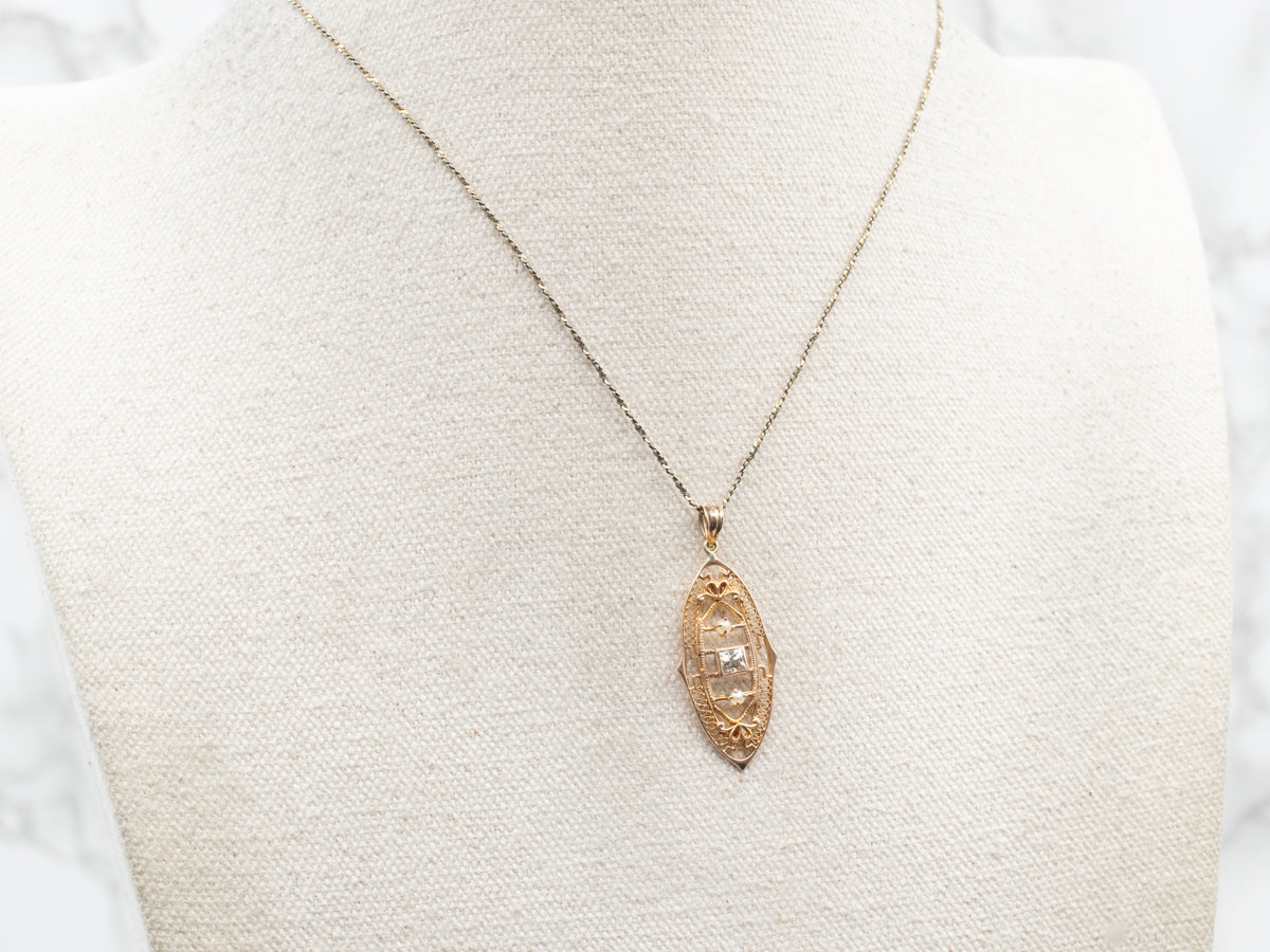 Princess Cut Diamond and Seed Pearl Filigree Pendant