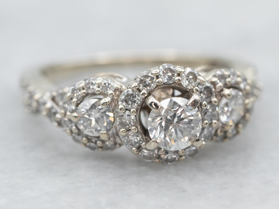 Modern Three Stone Diamond Halo Engagement Ring