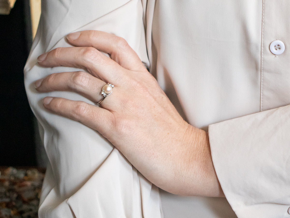 Saltwater Pearl Bypass Ring with Diamond Accents