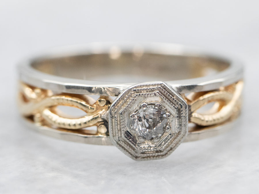 Twisting Two Tone Old Mine Cut Diamond Engagement Ring