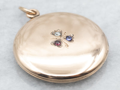 Yellow Gold Old Mine Cut Diamond, Red Glass, and Blue Glass Round Clover Locket