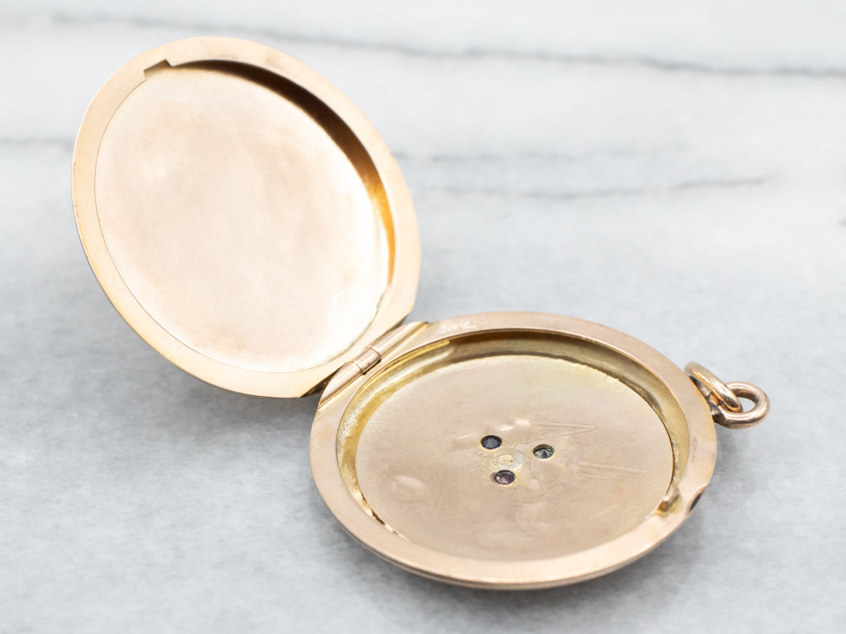 Yellow Gold Old Mine Cut Diamond, Red Glass, and Blue Glass Round Clover Locket