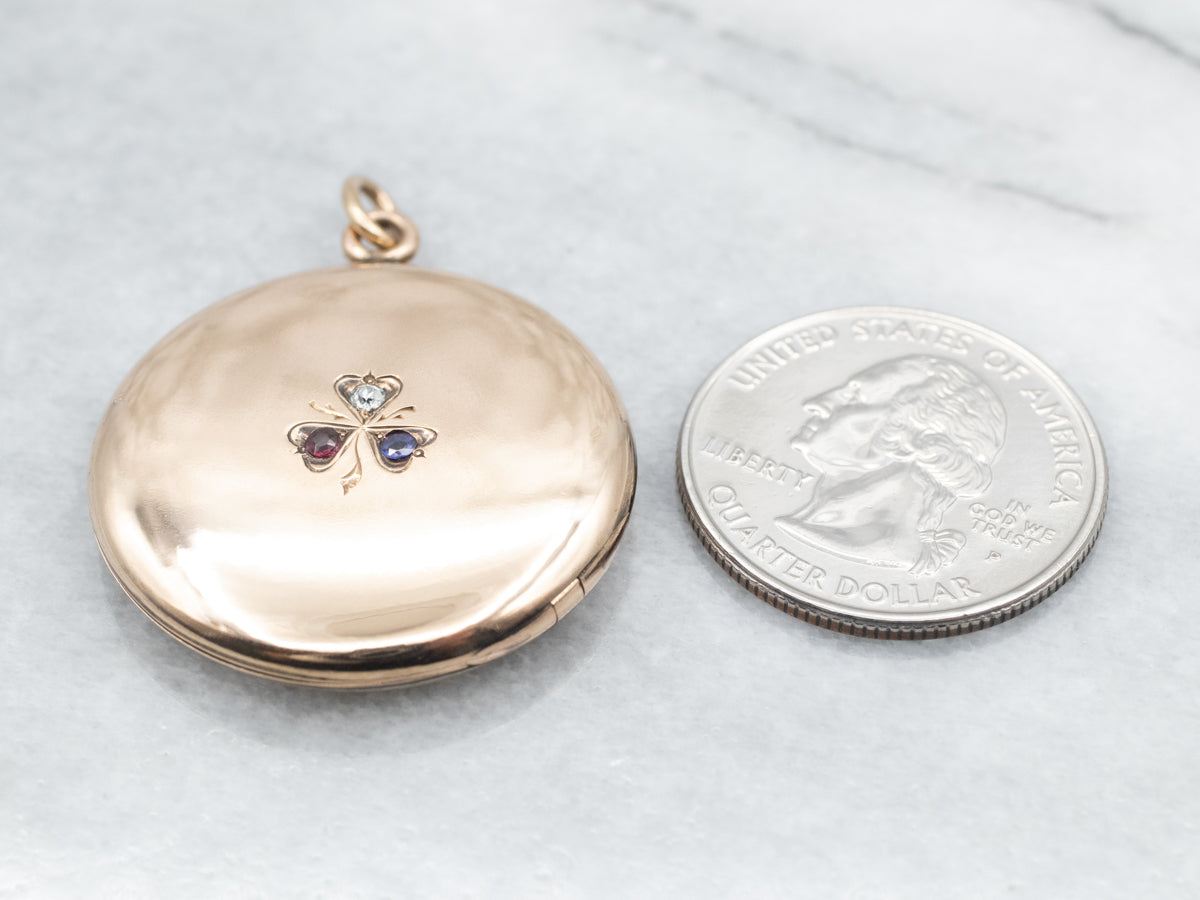 Yellow Gold Old Mine Cut Diamond, Red Glass, and Blue Glass Round Clover Locket