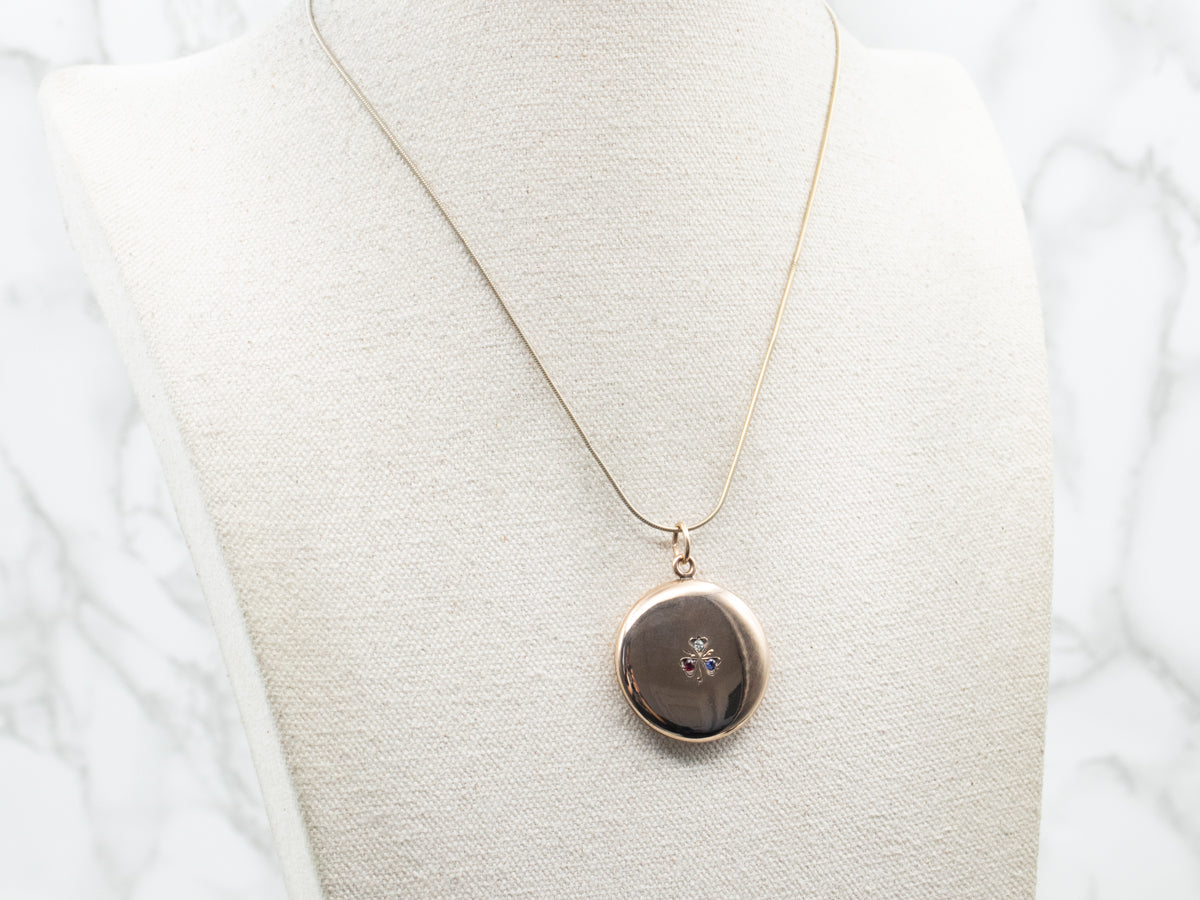 Yellow Gold Old Mine Cut Diamond, Red Glass, and Blue Glass Round Clover Locket