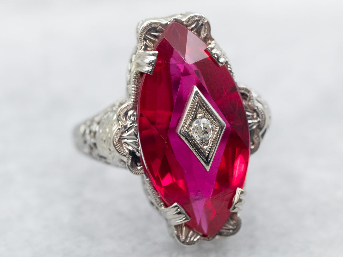 White Gold Marquise Cut Synthetic Ruby Ring with Diamond Accent