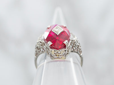 White Gold Marquise Cut Synthetic Ruby Ring with Diamond Accent