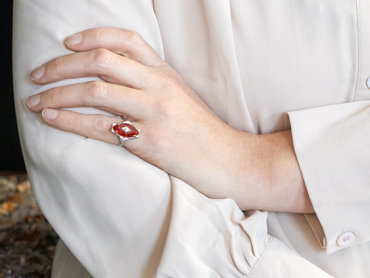 White Gold Marquise Cut Synthetic Ruby Ring with Diamond Accent