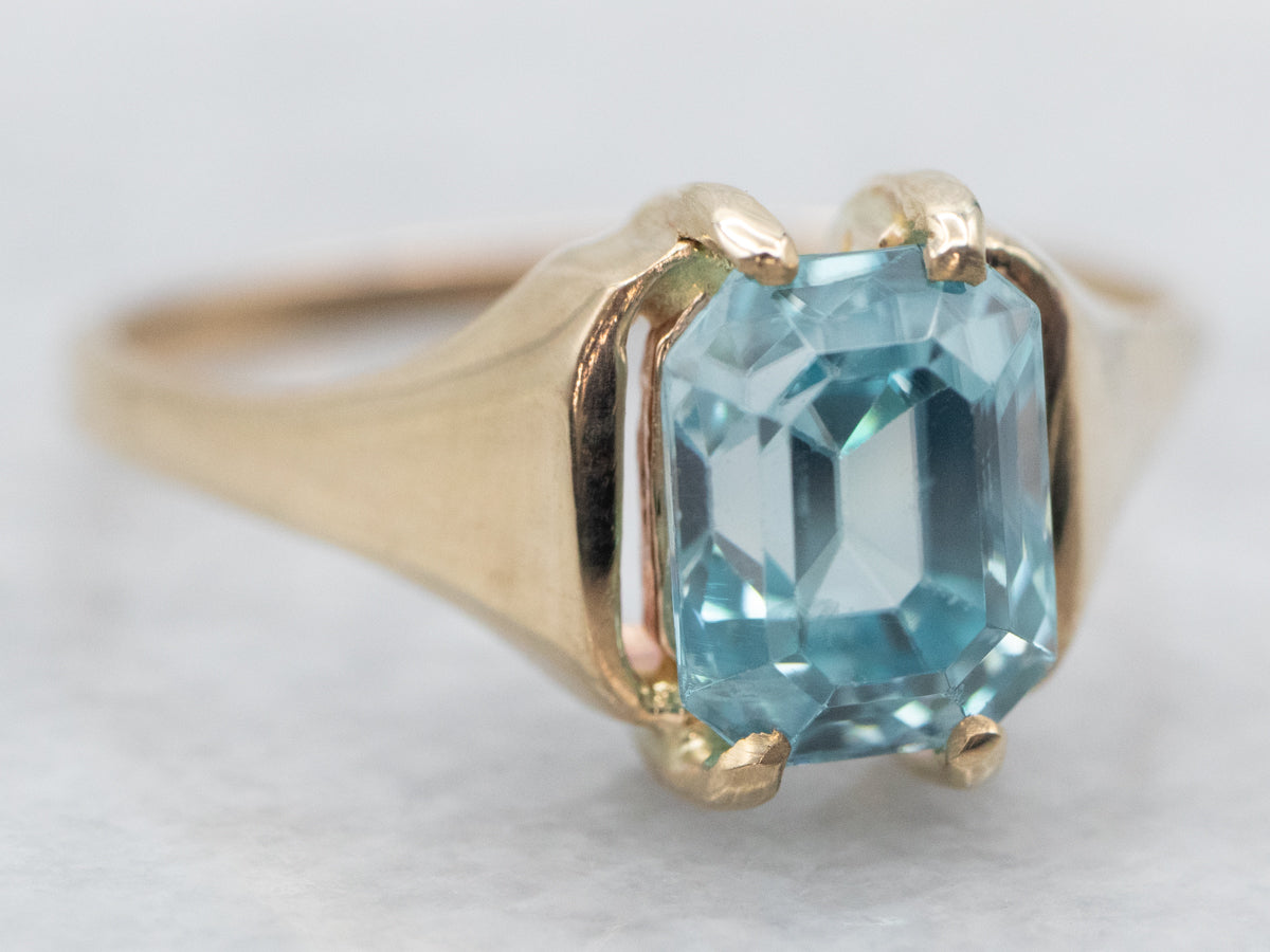 Yellow Gold Emerald Cut Blue Zircon Solitaire Ring