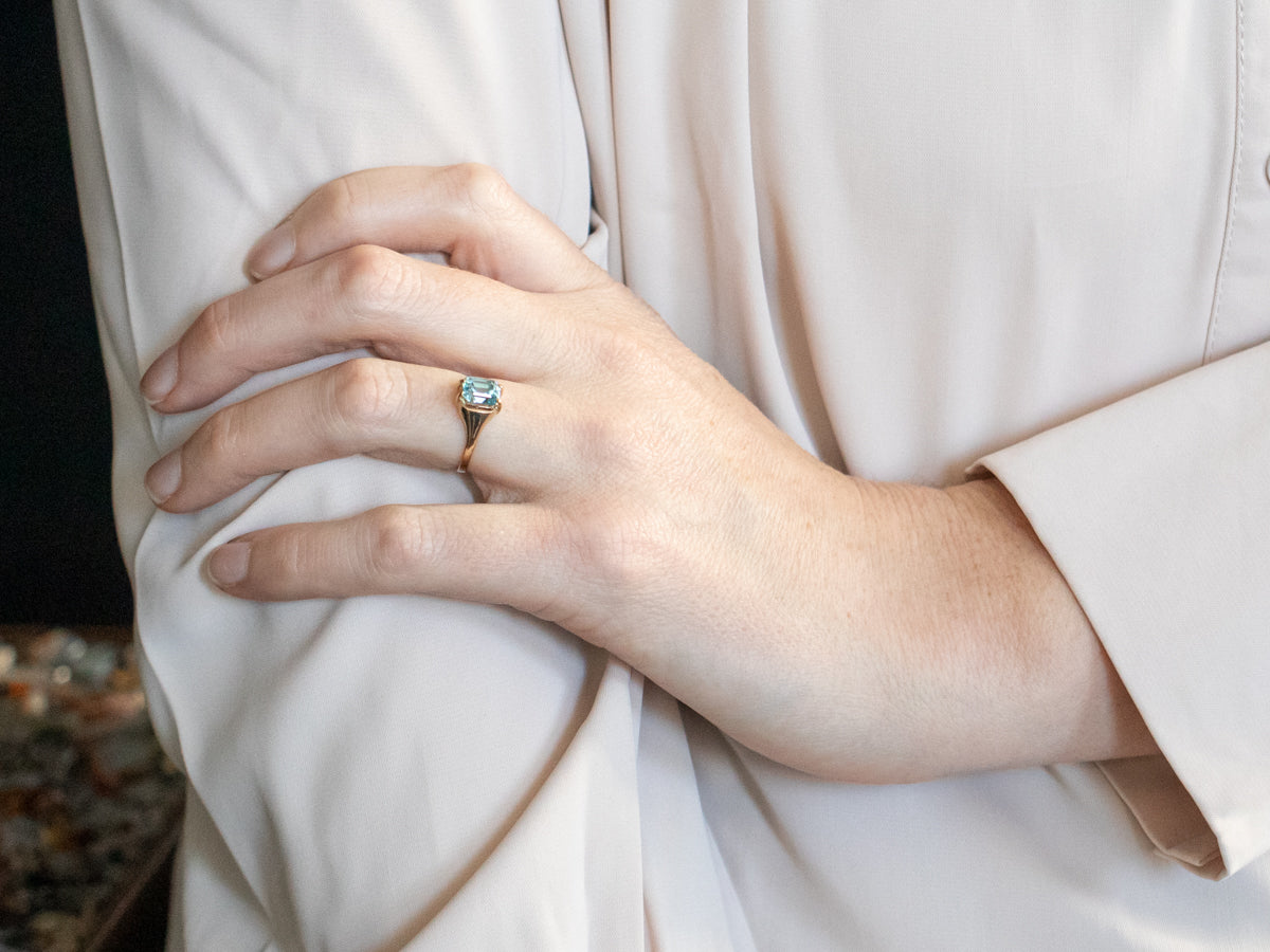 Yellow Gold Emerald Cut Blue Zircon Solitaire Ring