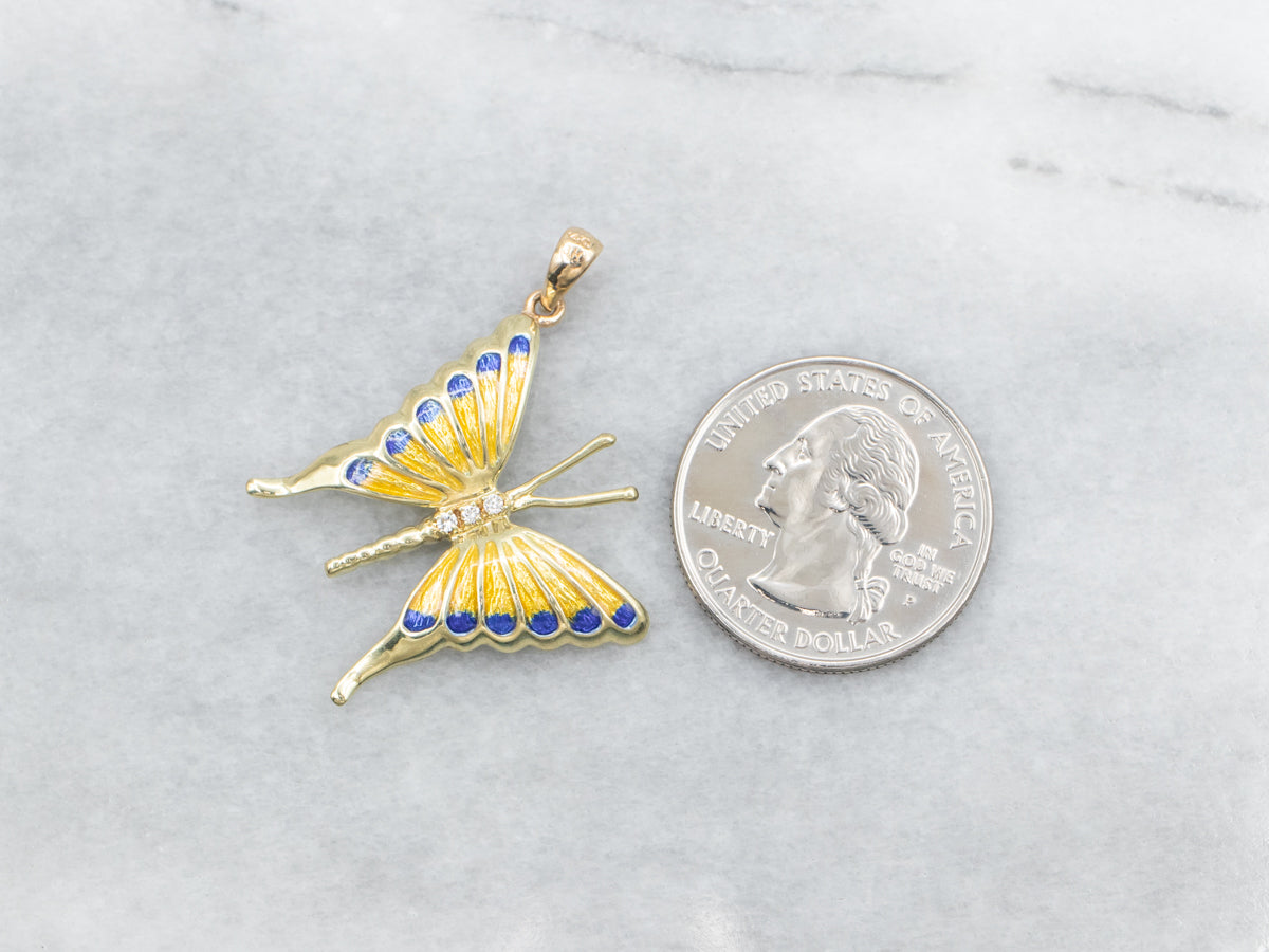 Gold and Enamel Butterfly Pendant