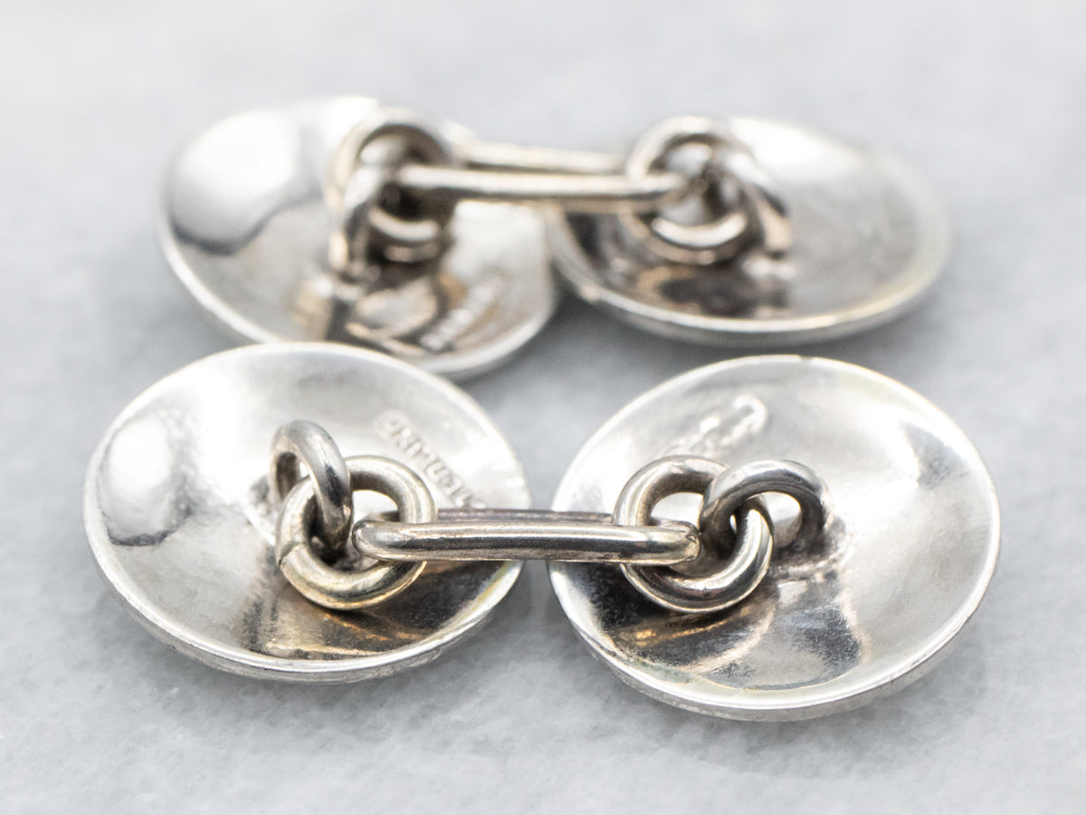 Sterling Silver White Enamel and Seed Pearl Guilloche Cufflinks