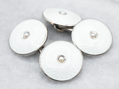 Sterling Silver White Enamel and Seed Pearl Guilloche Cufflinks