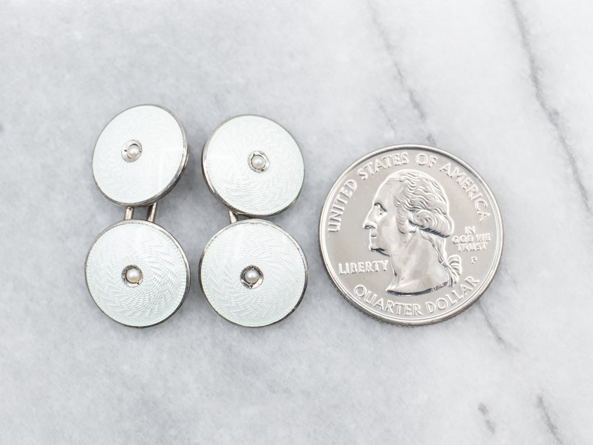 Sterling Silver White Enamel and Seed Pearl Guilloche Cufflinks