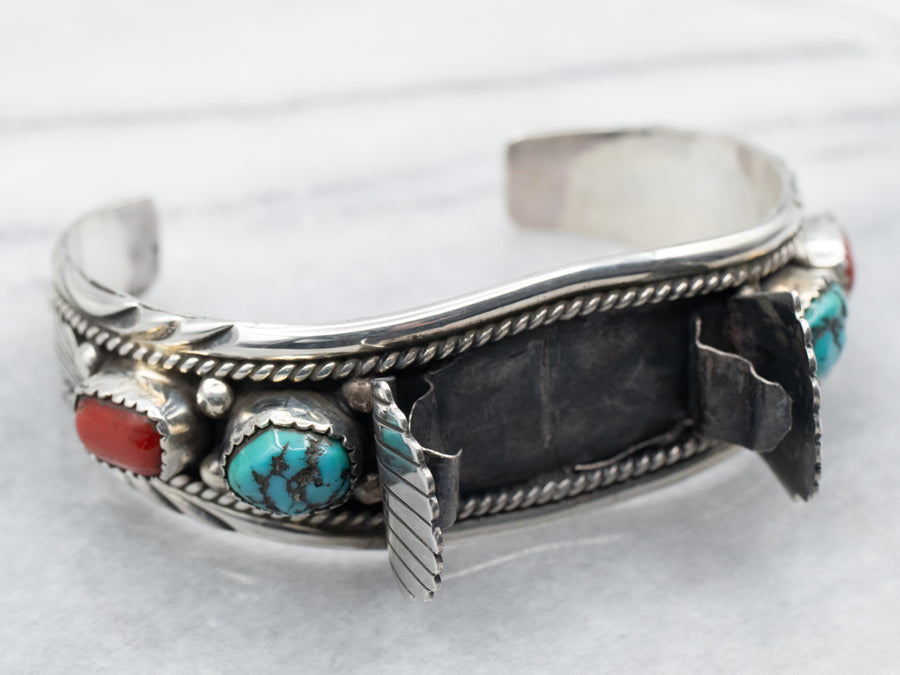 Sterling Silver Turquoise and Coral Watch Cuff