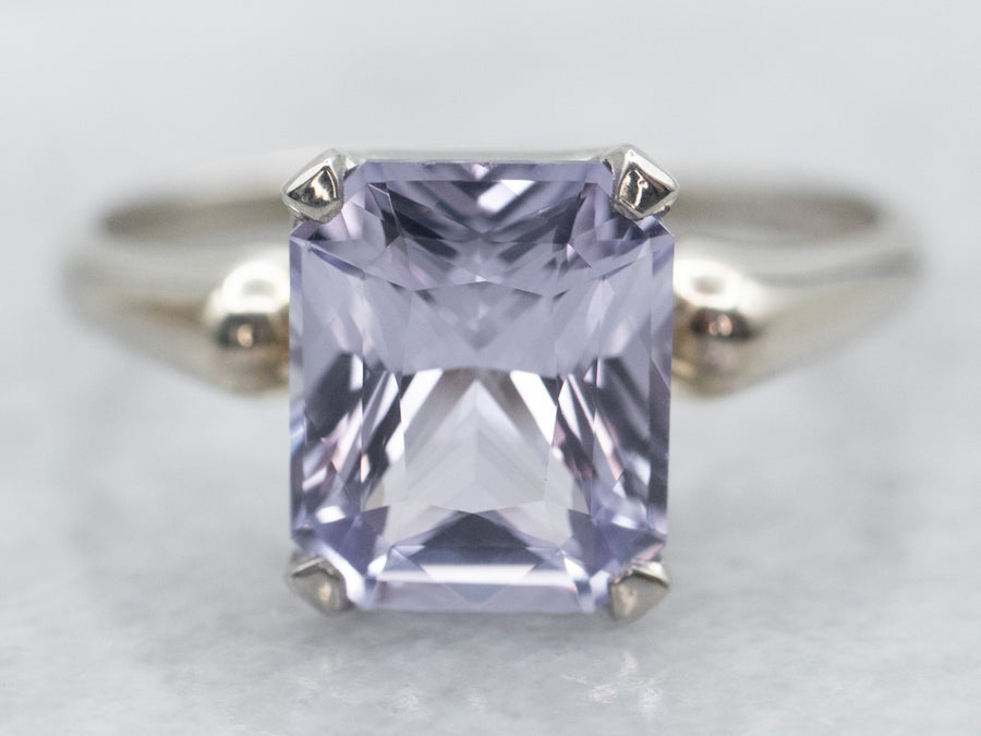 White Gold Emerald Cut Lilac Sapphire Solitaire Ring