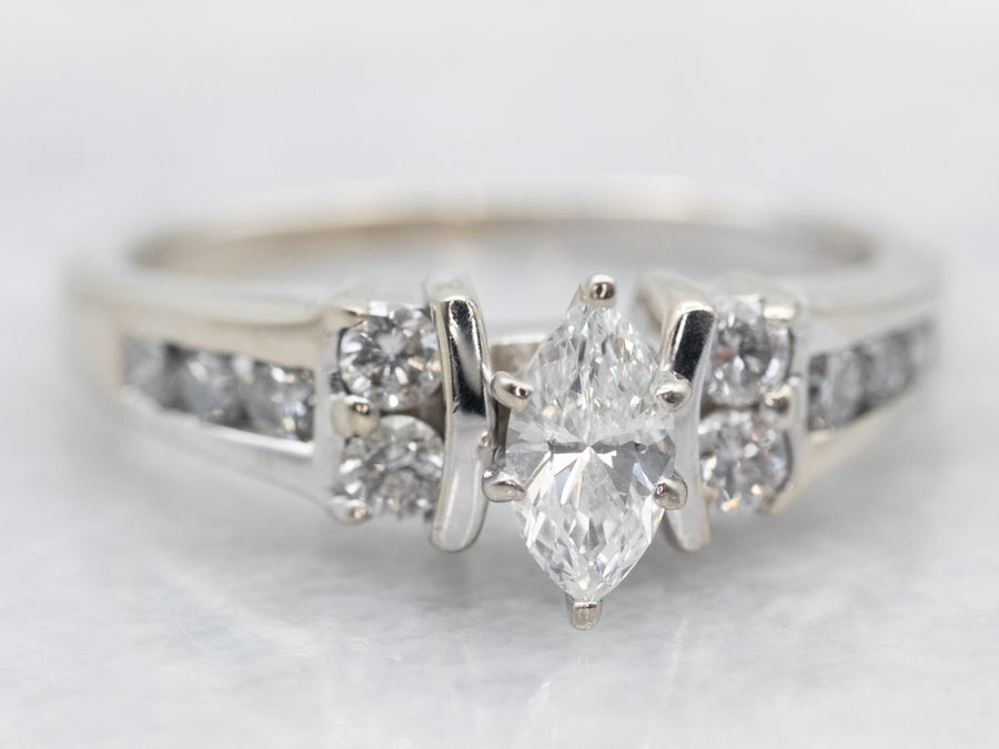 White Gold Marquise Cut Diamond Engagement Ring with Diamond Shoulders