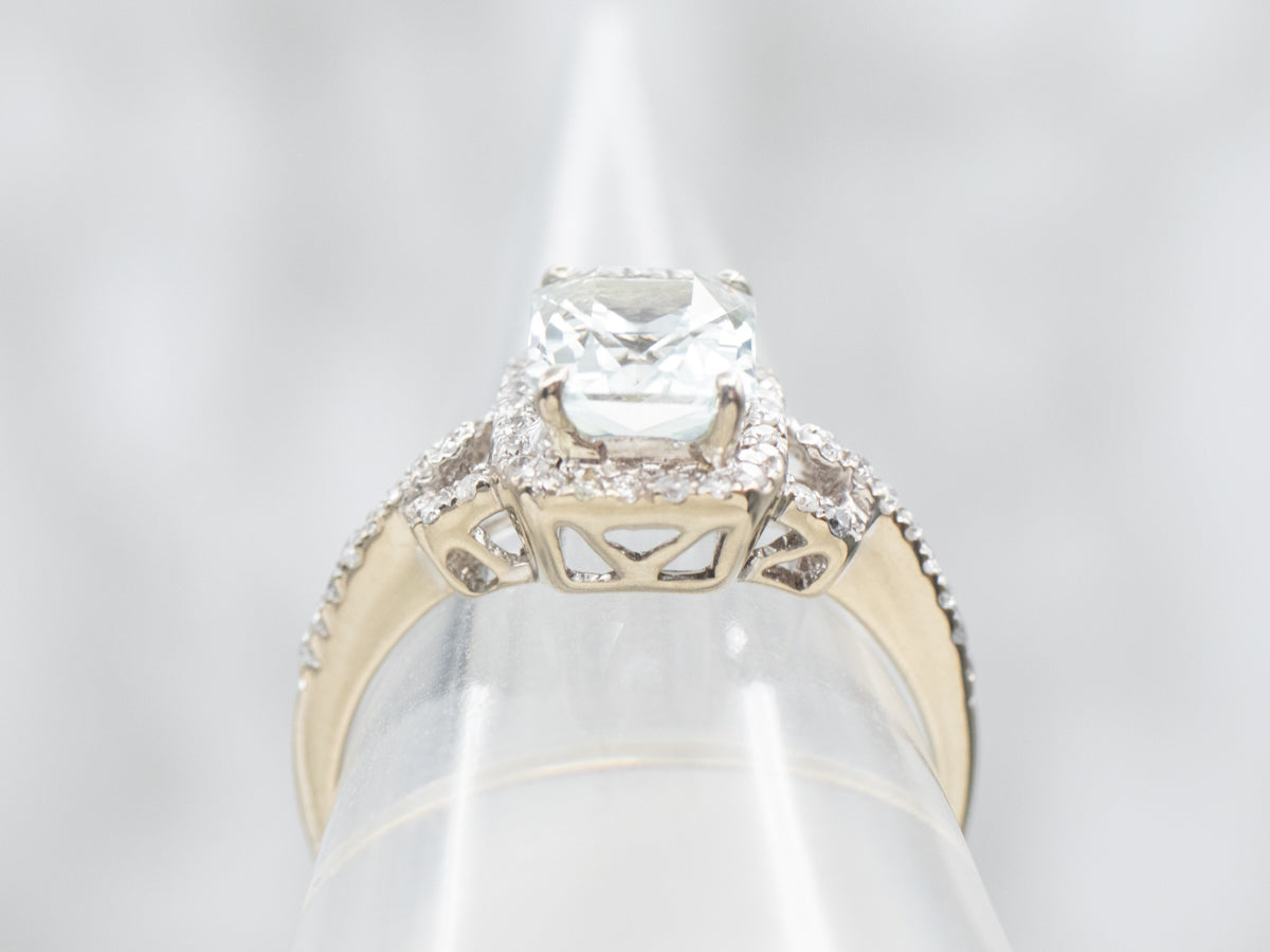 White Gold Emerald Cut Aquamarine Ring with Diamond Halo and Diamond Shoulders