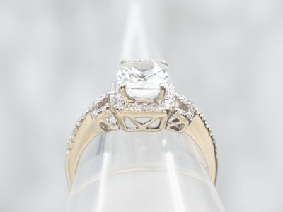 White Gold Emerald Cut Aquamarine Ring with Diamond Halo and Diamond Shoulders
