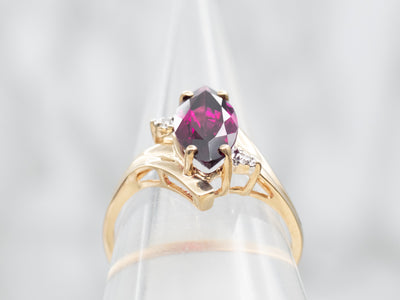 Yellow Gold Marquise Cut Rhodolite Garnet Bypass Ring with Diamond Accents