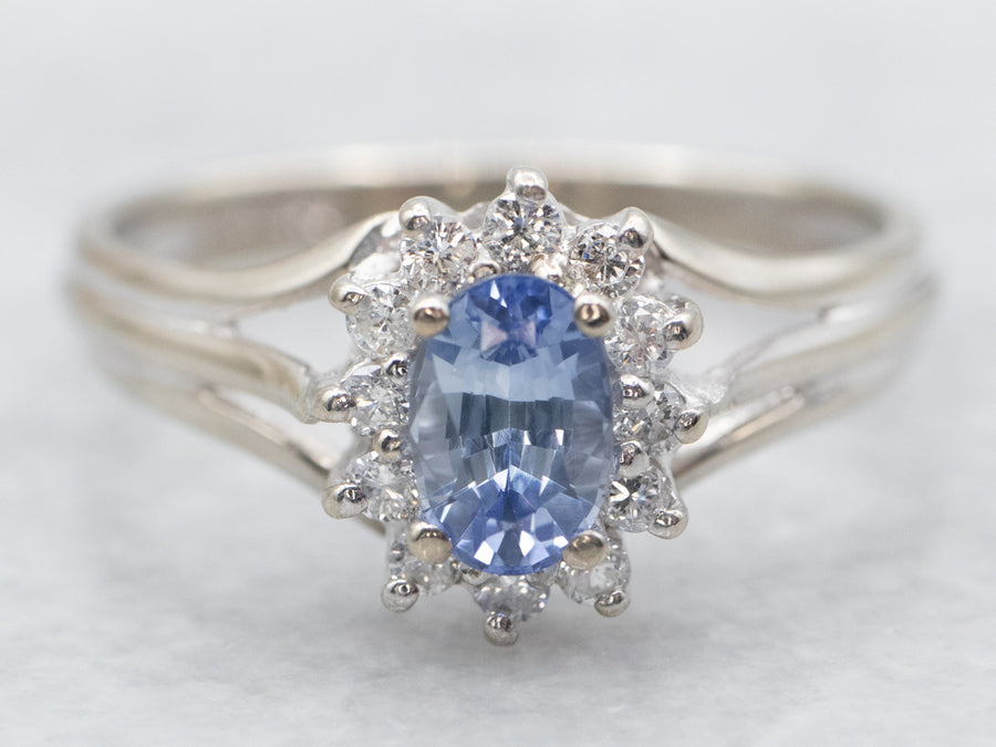 White Gold Oval Cut Sapphire Engagement Ring with Diamond Halo