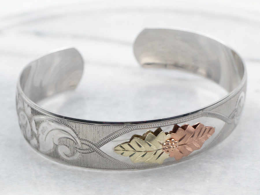 Sterling Silver, Rose Gold, and Green Gold Black Hills Cuff Bracelet with Leaf Details