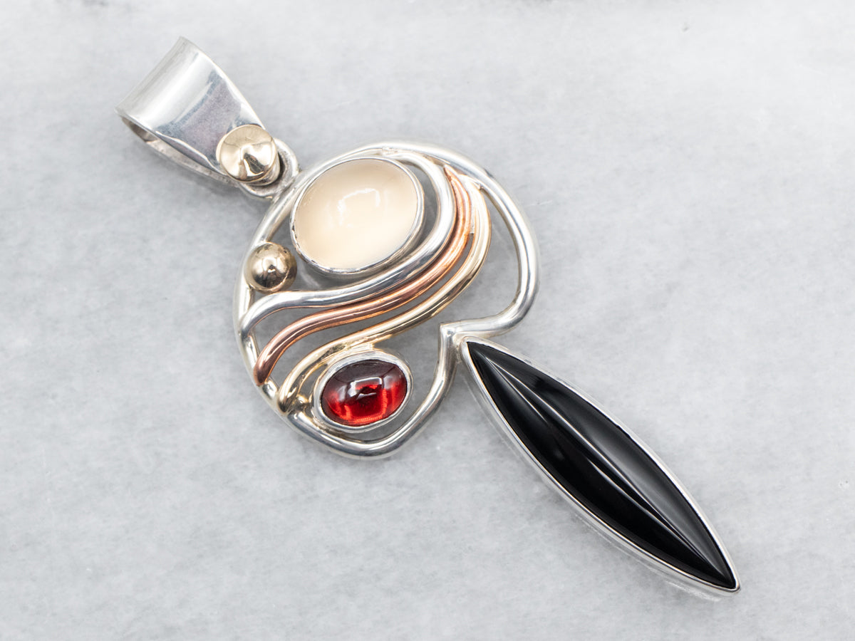 Sterling Silver, Copper, and Yellow Gold Onyx, Garnet, and Moonstone Pendant