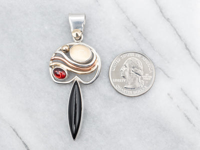 Sterling Silver, Copper, and Yellow Gold Onyx, Garnet, and Moonstone Pendant