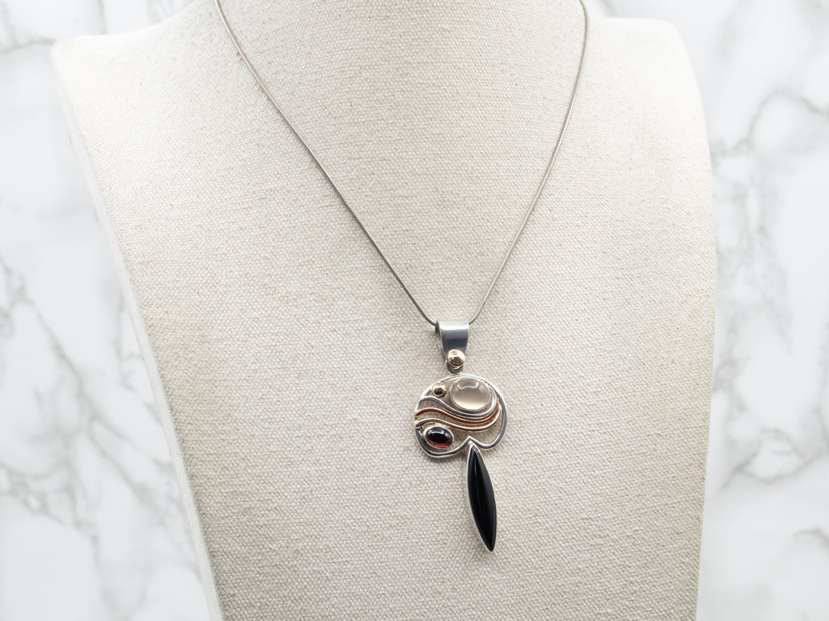 Sterling Silver, Copper, and Yellow Gold Onyx, Garnet, and Moonstone Pendant
