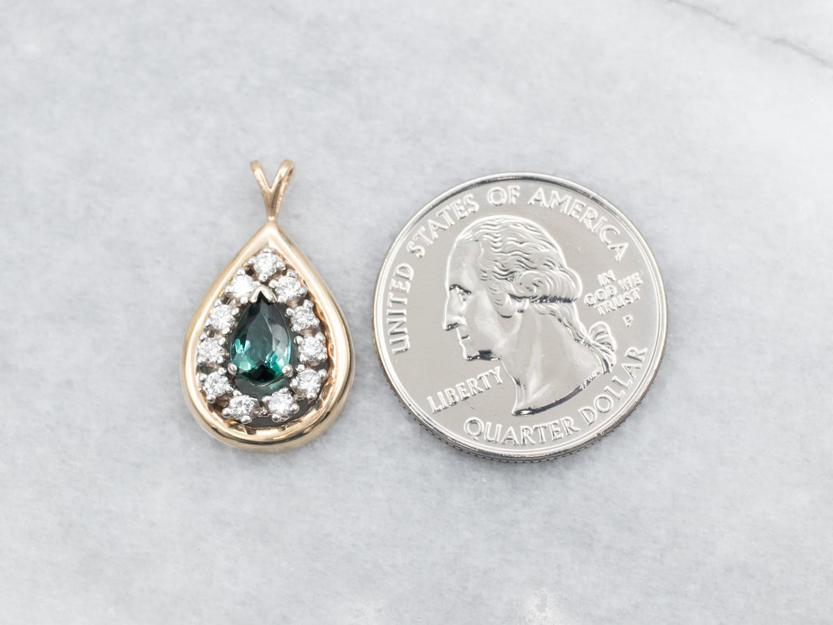 Yellow Gold Pear Cut Green Tourmaline Teardrop Shaped Pendant with Diamond Halo