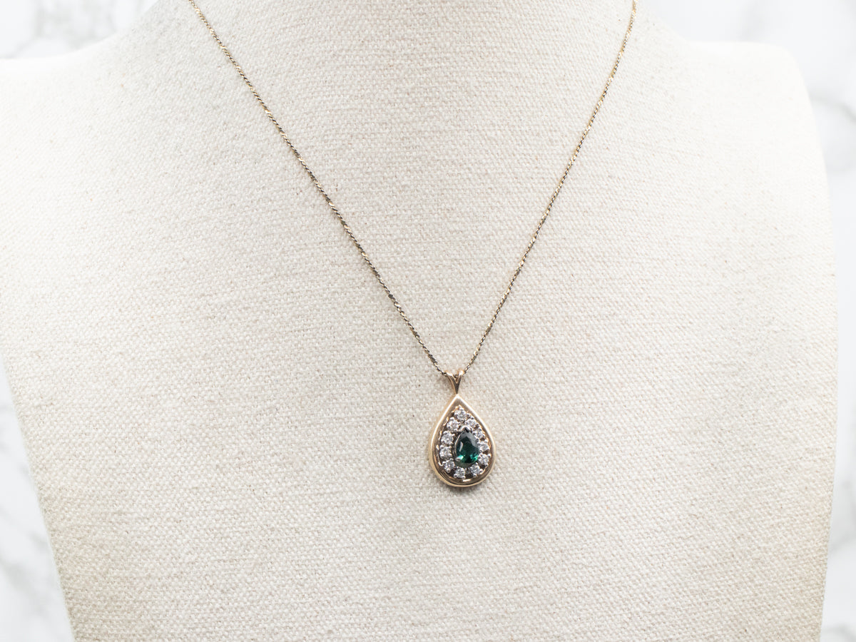 Yellow Gold Pear Cut Green Tourmaline Teardrop Shaped Pendant with Diamond Halo