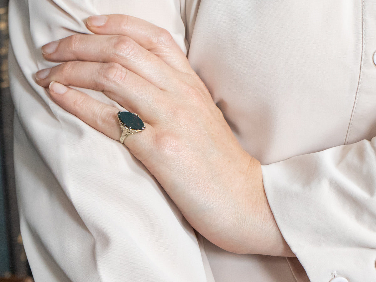 Two Tone Marquise Cut Bloodstone Solitaire Ring