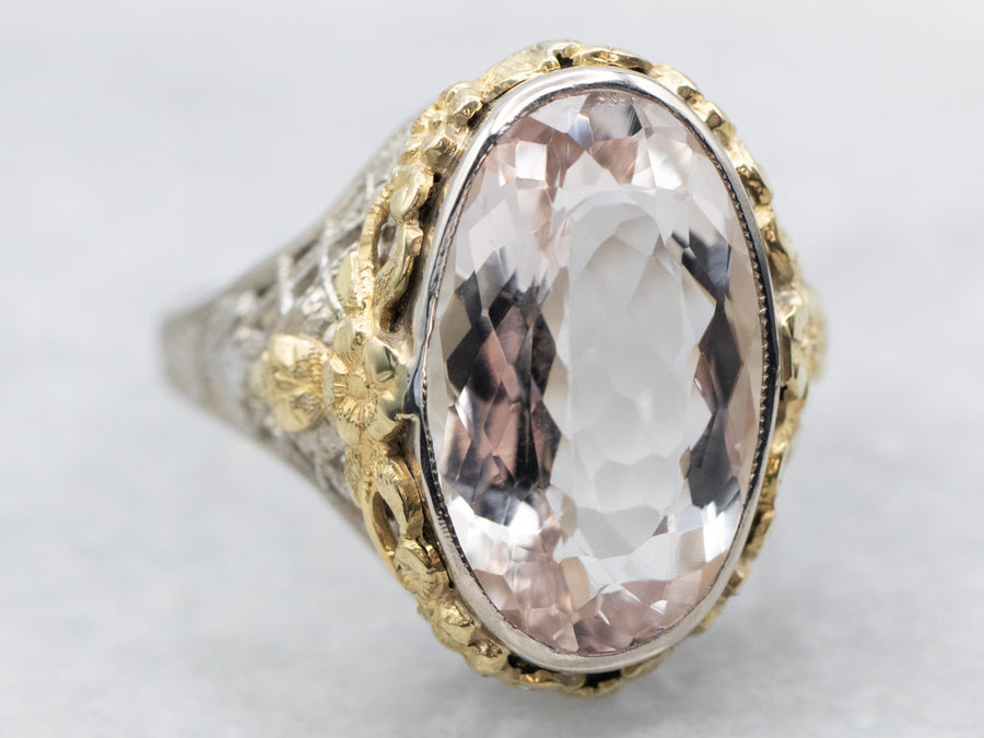 Two Tone Bezel Set Oval Cut Morganite Solitaire Ring