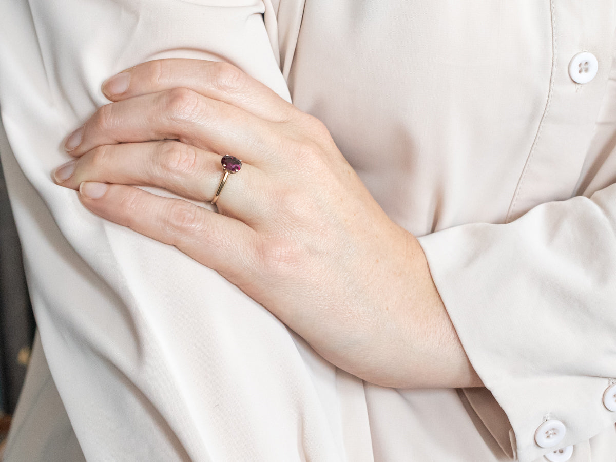 Two Tone Oval Cut Rhodolite Garnet Solitaire Ring