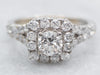 White Gold Diamond Split Shank Engagement Ring with Diamond Halo and Diamond Shoulders