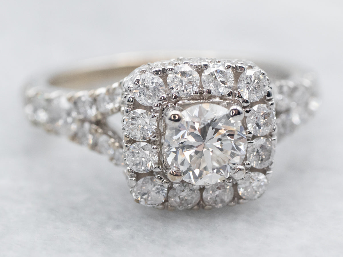 White Gold Diamond Split Shank Engagement Ring with Diamond Halo and Diamond Shoulders