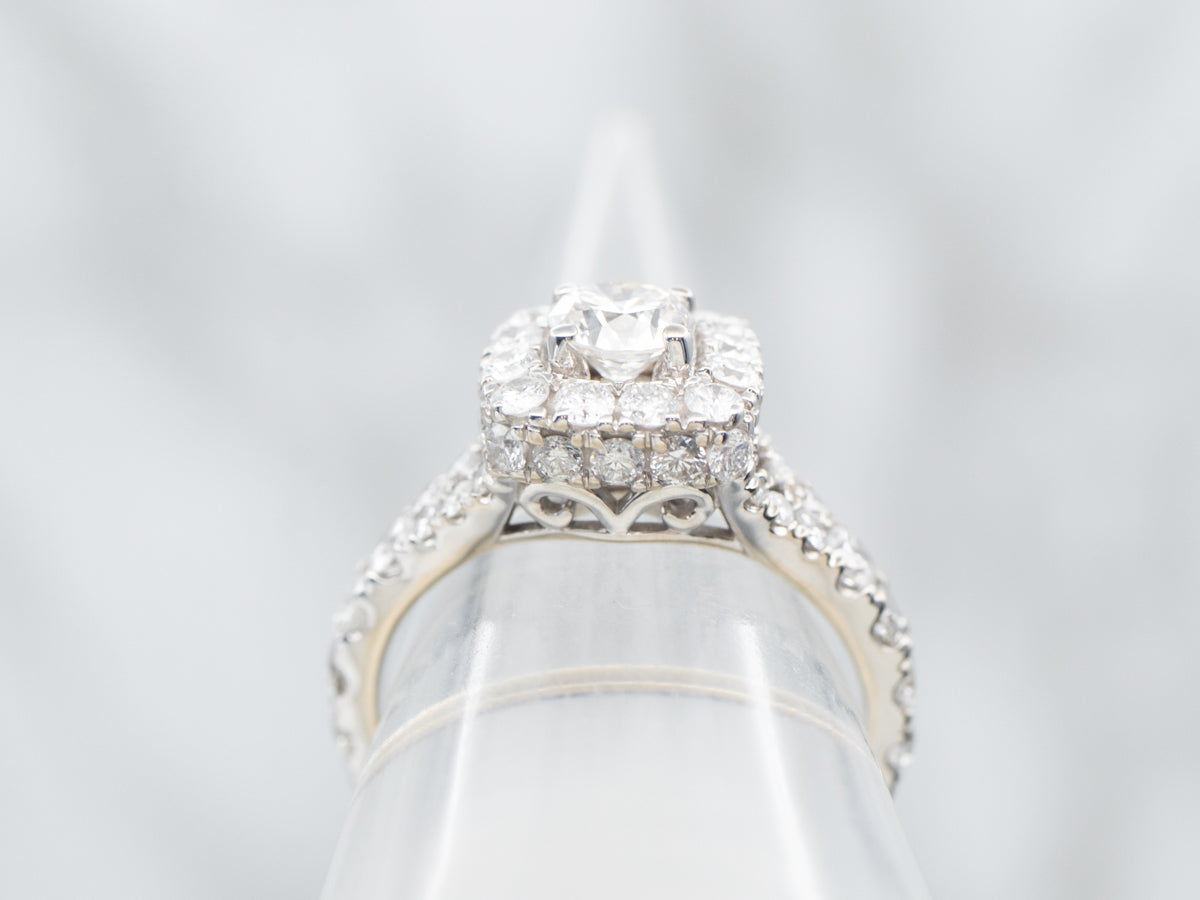 White Gold Diamond Split Shank Engagement Ring with Diamond Halo and Diamond Shoulders