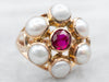 Yellow Gold Synthetic Ruby and Freshwater Button Pearls Flower Ring