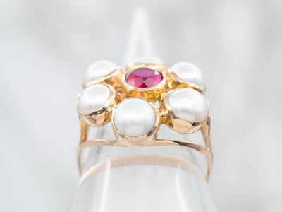 Yellow Gold Synthetic Ruby and Freshwater Button Pearls Flower Ring