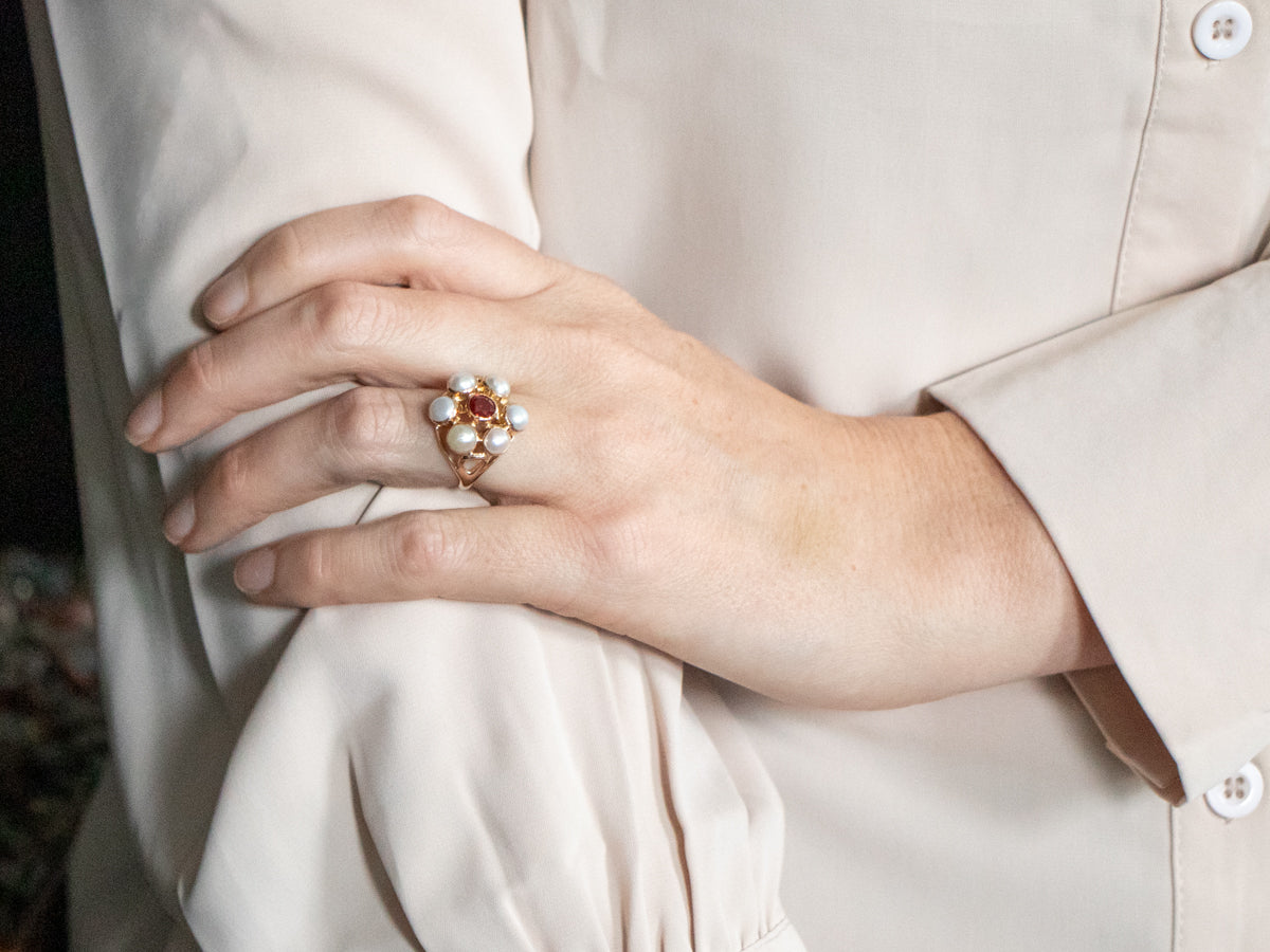 Yellow Gold Synthetic Ruby and Freshwater Button Pearls Flower Ring