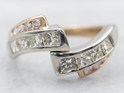 Two Tone Princess Cut Diamond Bypass Ring with Round Cut Diamond Accents