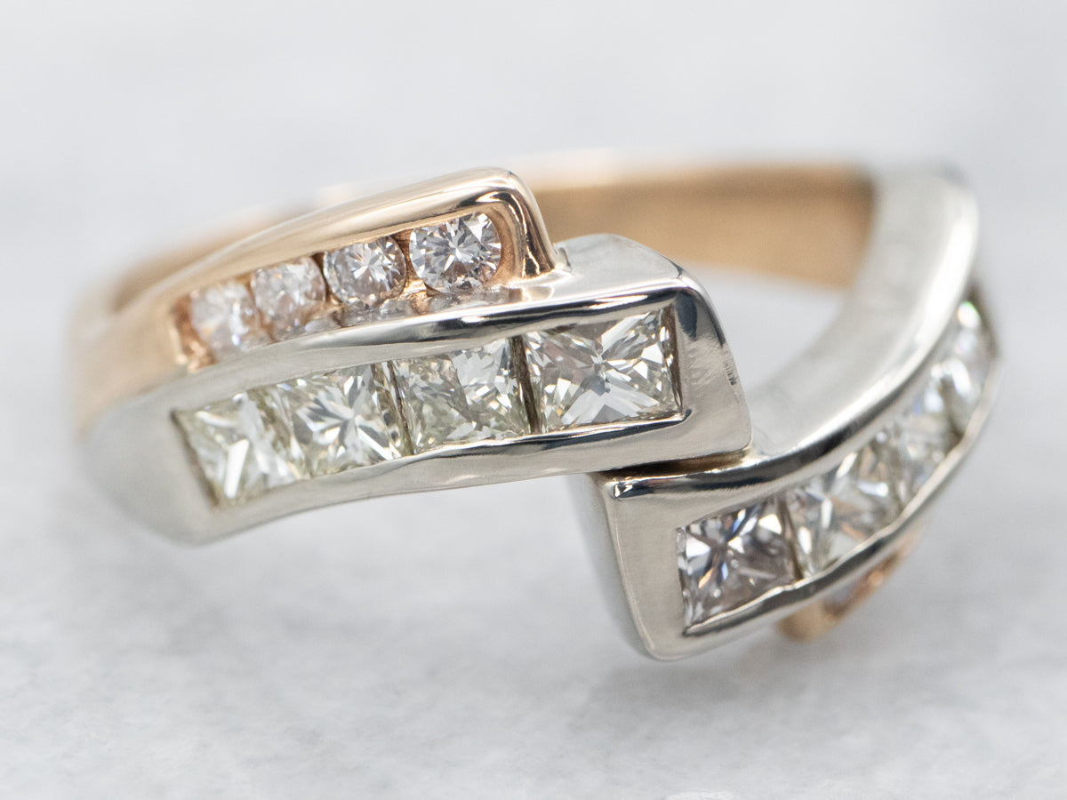 Two Tone Princess Cut Diamond Bypass Ring with Round Cut Diamond Accents