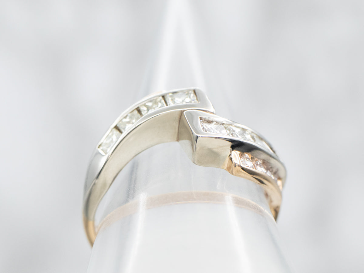 Two Tone Princess Cut Diamond Bypass Ring with Round Cut Diamond Accents