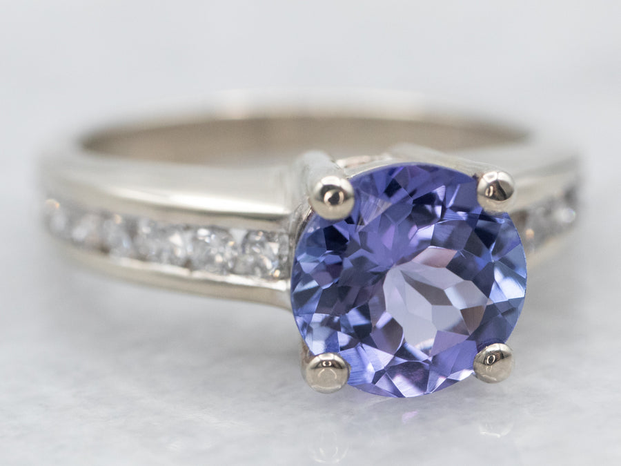 White Gold Tanzanite Ring with Channel Set Diamond Shoulders