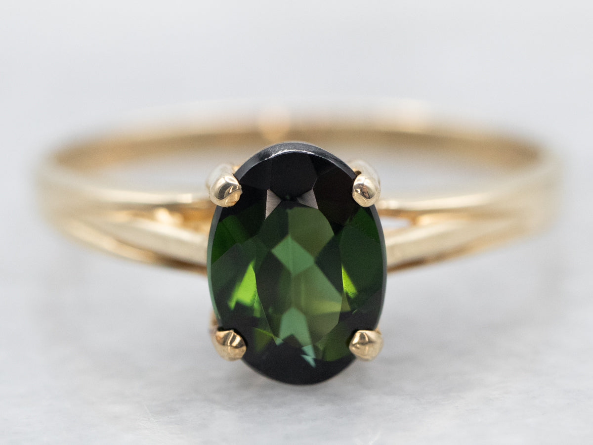 Anillo Solitario De Turmalina Verde De Talla Ovalada