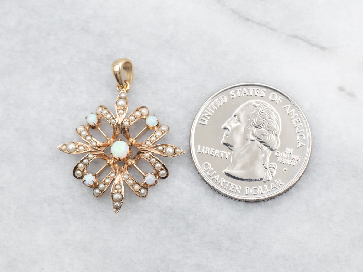 Yellow Gold Opal and Seed Pearl Pendant