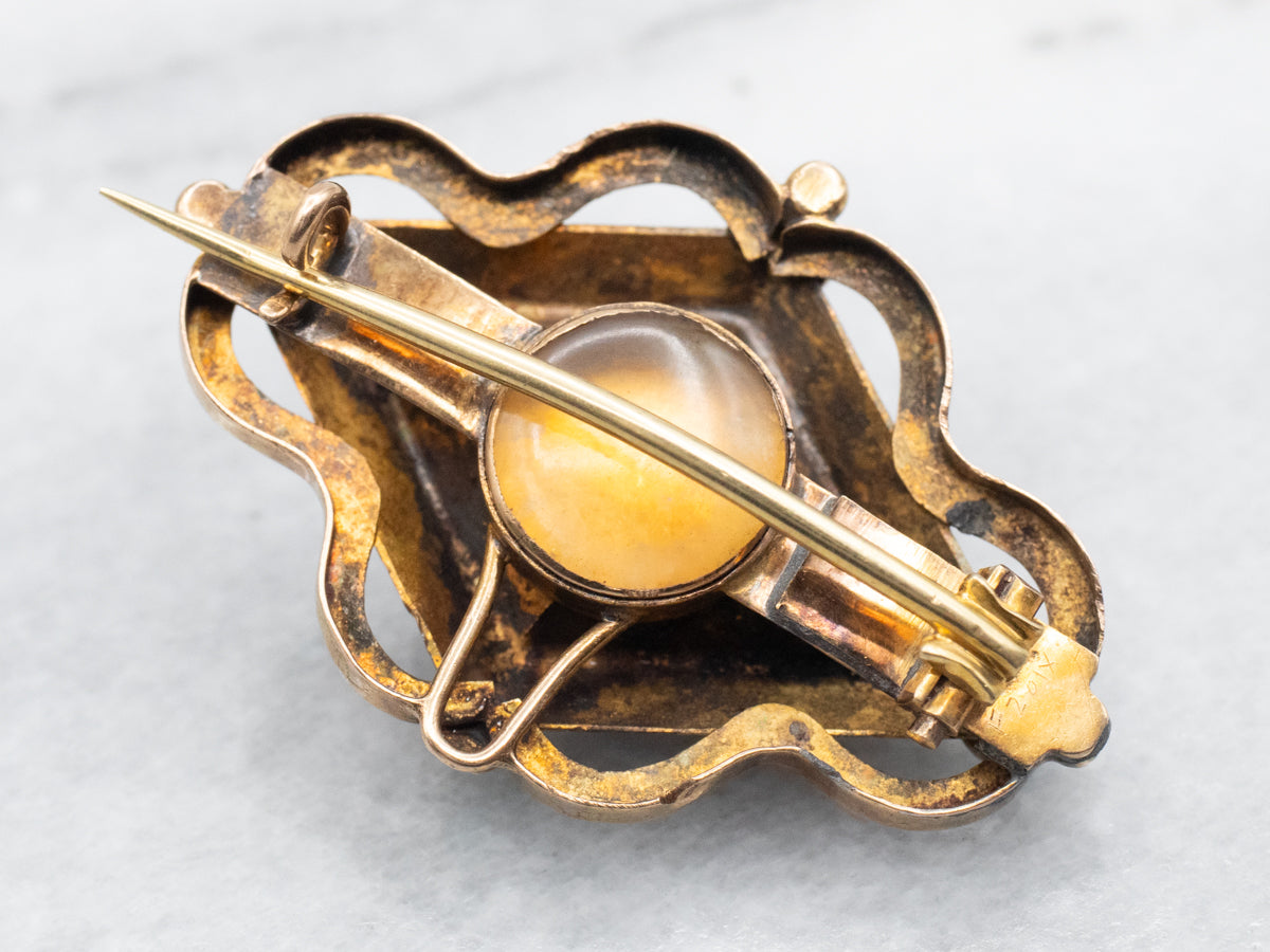 Yellow Gold Turquoise Brooch with Etched Botanical Details