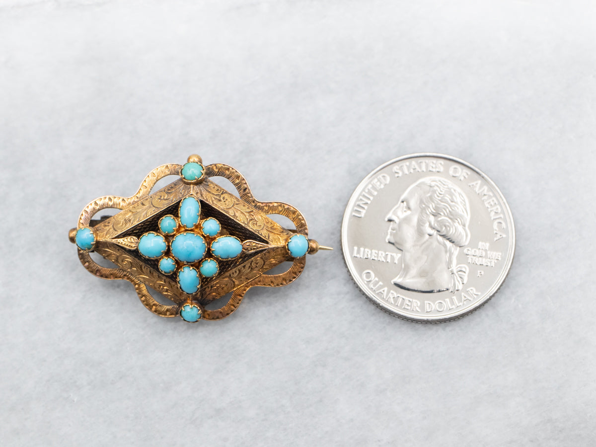 Yellow Gold Turquoise Brooch with Etched Botanical Details